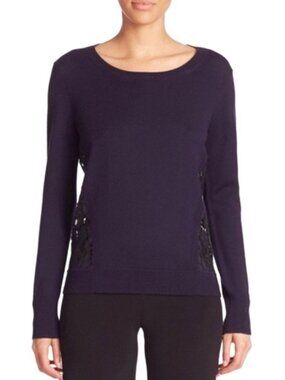 Diane von Furstenberg Sweater, Lace Back, Wool & Lace, Navy Blue Black, Large, E